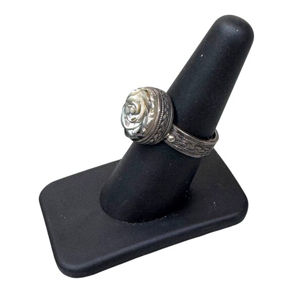 Vintage 925 Silver Rose Ring Carved Mother Of Pearl Cabochon Size 7 Art Deco - Picture 2 of 10